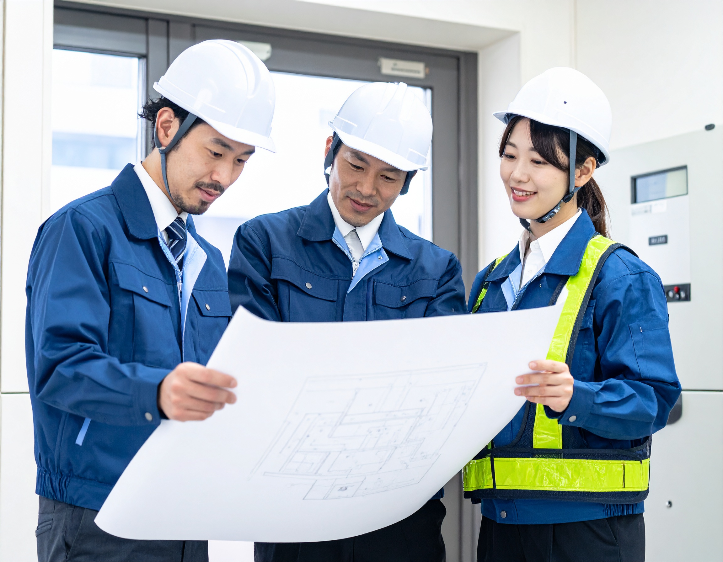 第一種電気工事士と第二種電気工事士を比較している日本人男女。 資格教材や電気設備図面を見ながら将来のキャリアを考えている様子。