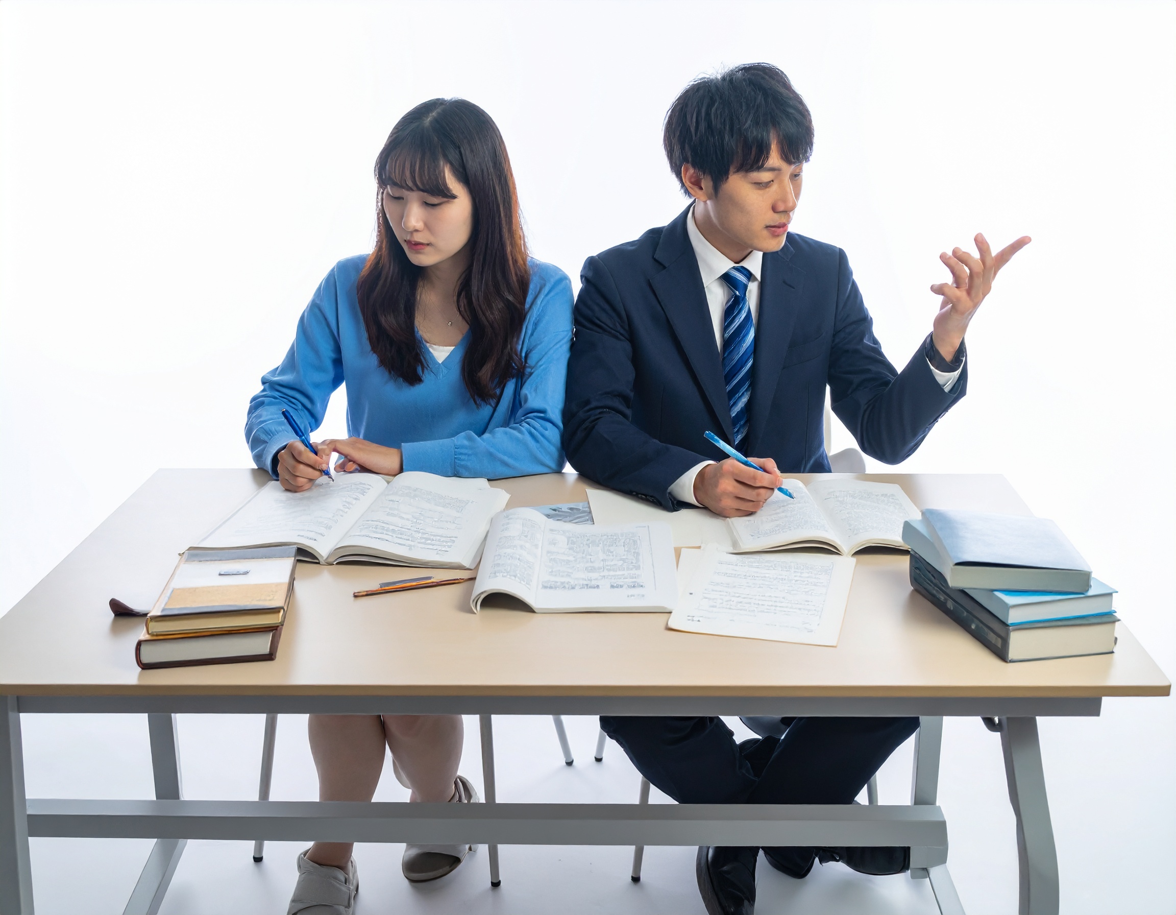 第二種電気工事士試験に向けて独学で勉強している日本人男性と女性。 机の上に問題集、ノート、テキスト教材が並んでいる。 一人で集中して学習している様子。 資格取得への努力と成長を感じる雰囲気。