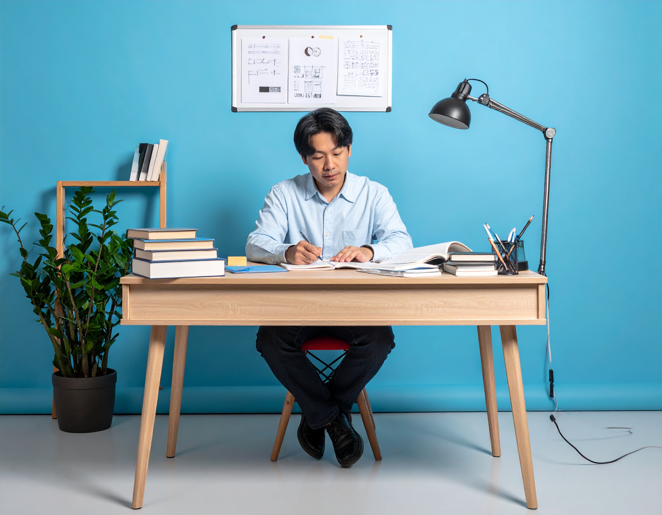 第二種電気工事士の通信教育で学習している日本人男性。 机の上にテキスト教材、ノート、問題集が並んでいる。 紙の教材を使いながら集中して勉強している様子。 落ち着いた学習環境。 教育系メディア向けの高品質な写真風デザイン。