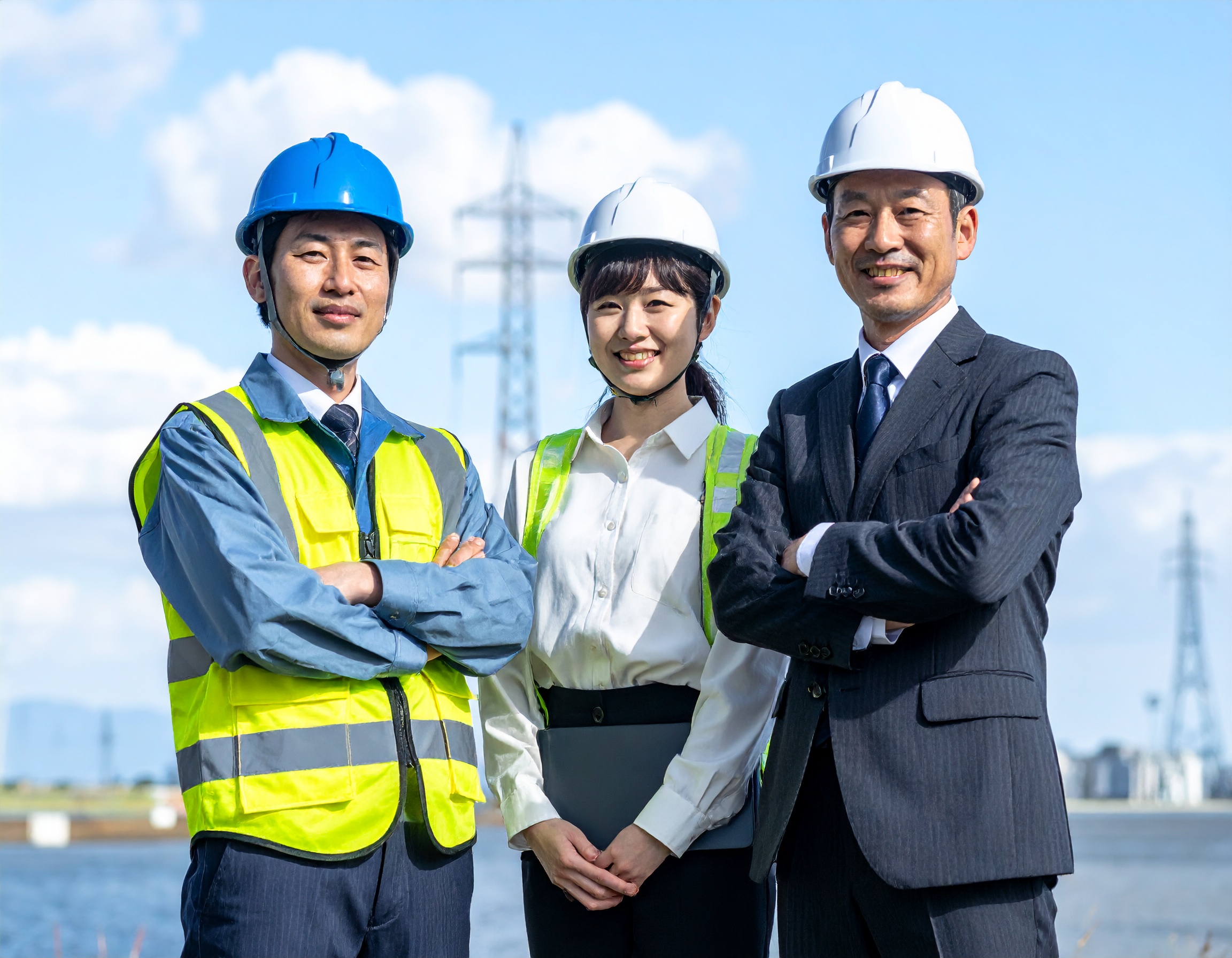 電験三種を取得してキャリアアップを目指す日本人男性と女性。 設備管理や電気設備点検の現場で働くプロフェッショナルな雰囲気。